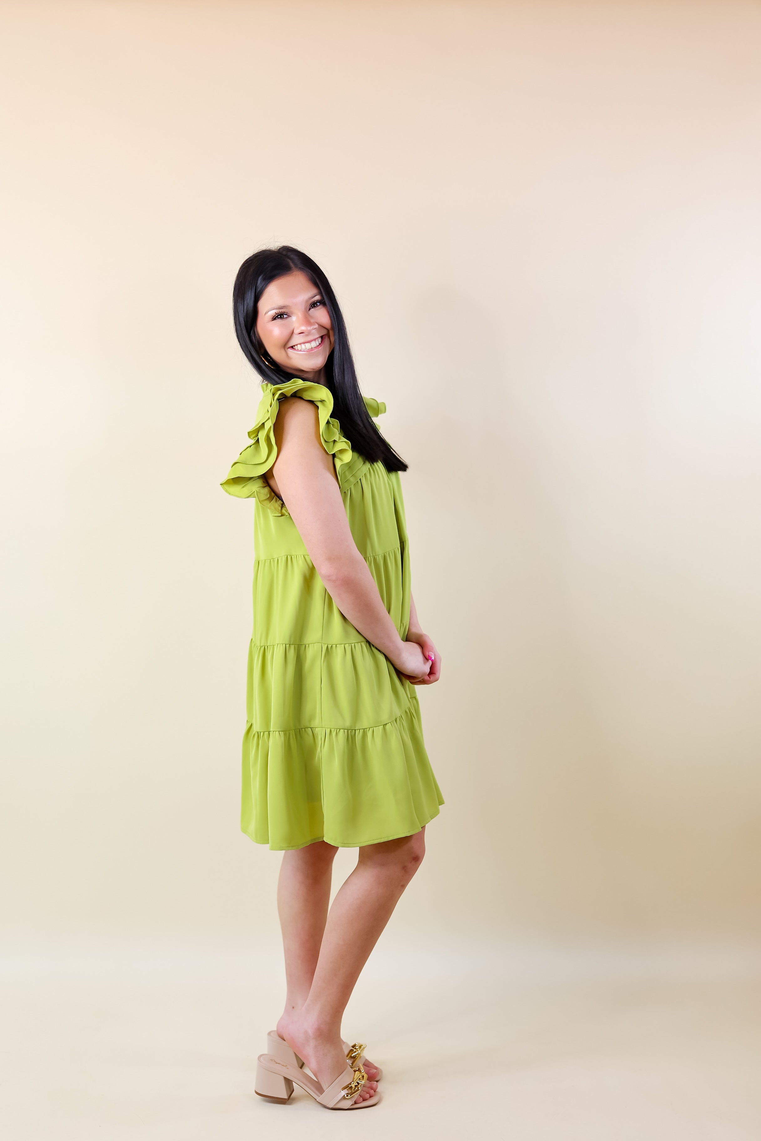 Chic On Scene Ruffle Tiered Dress with Pleated Detailing in Pistachio Green - Giddy Up Glamour Boutique