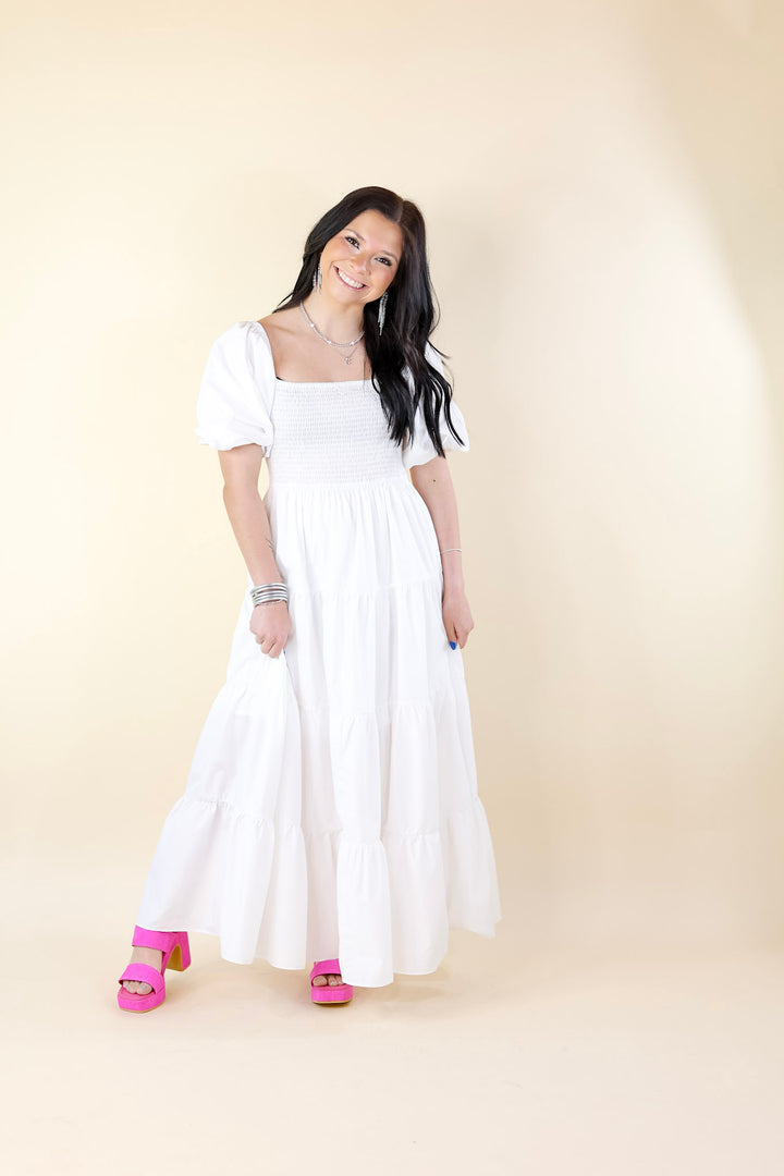 Santorini Sunshine Short Balloon Sleeve Maxi Dress in White - Giddy Up Glamour Boutique