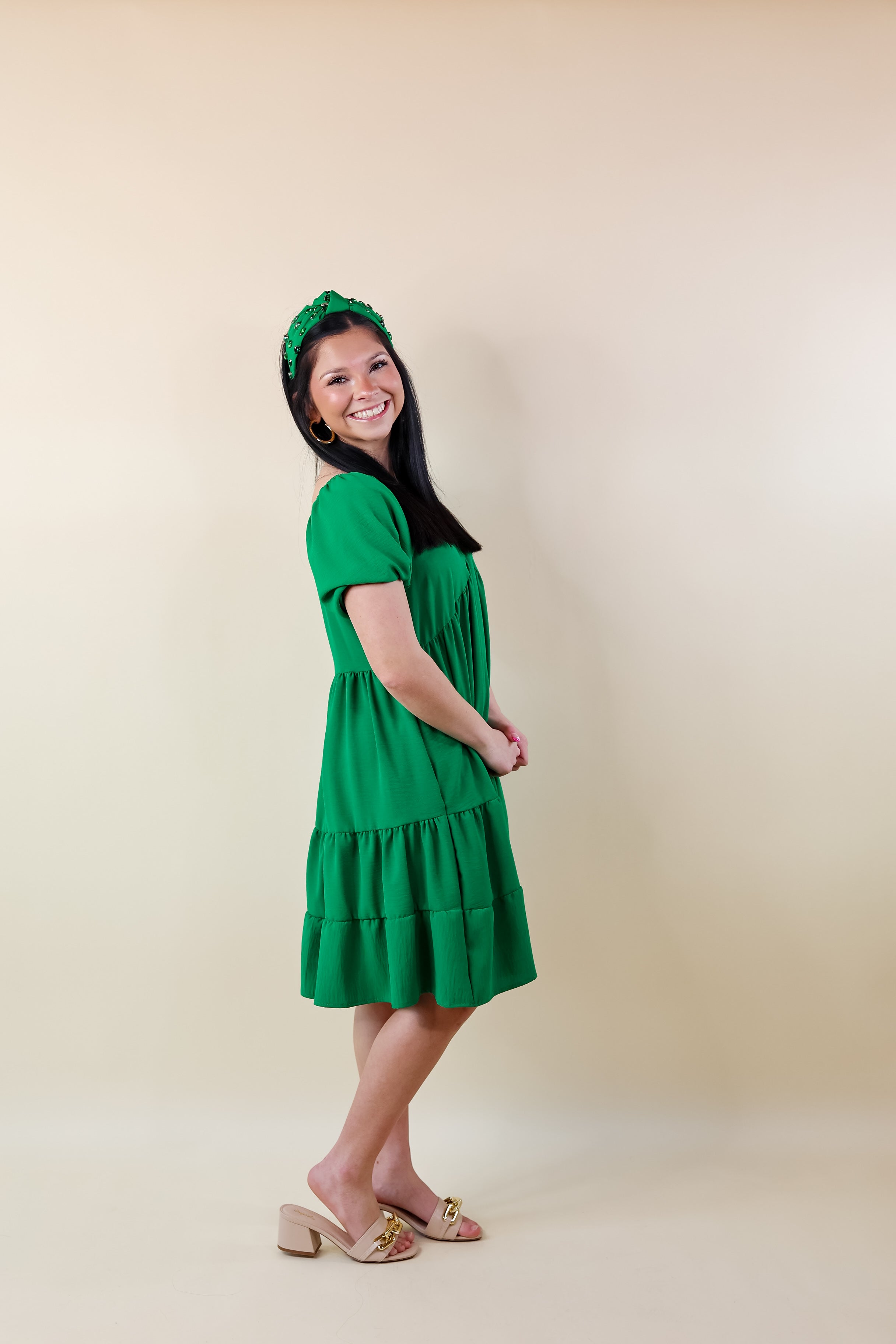 Graceful Journey Short Balloon Sleeve Dress in Green - Giddy Up Glamour Boutique