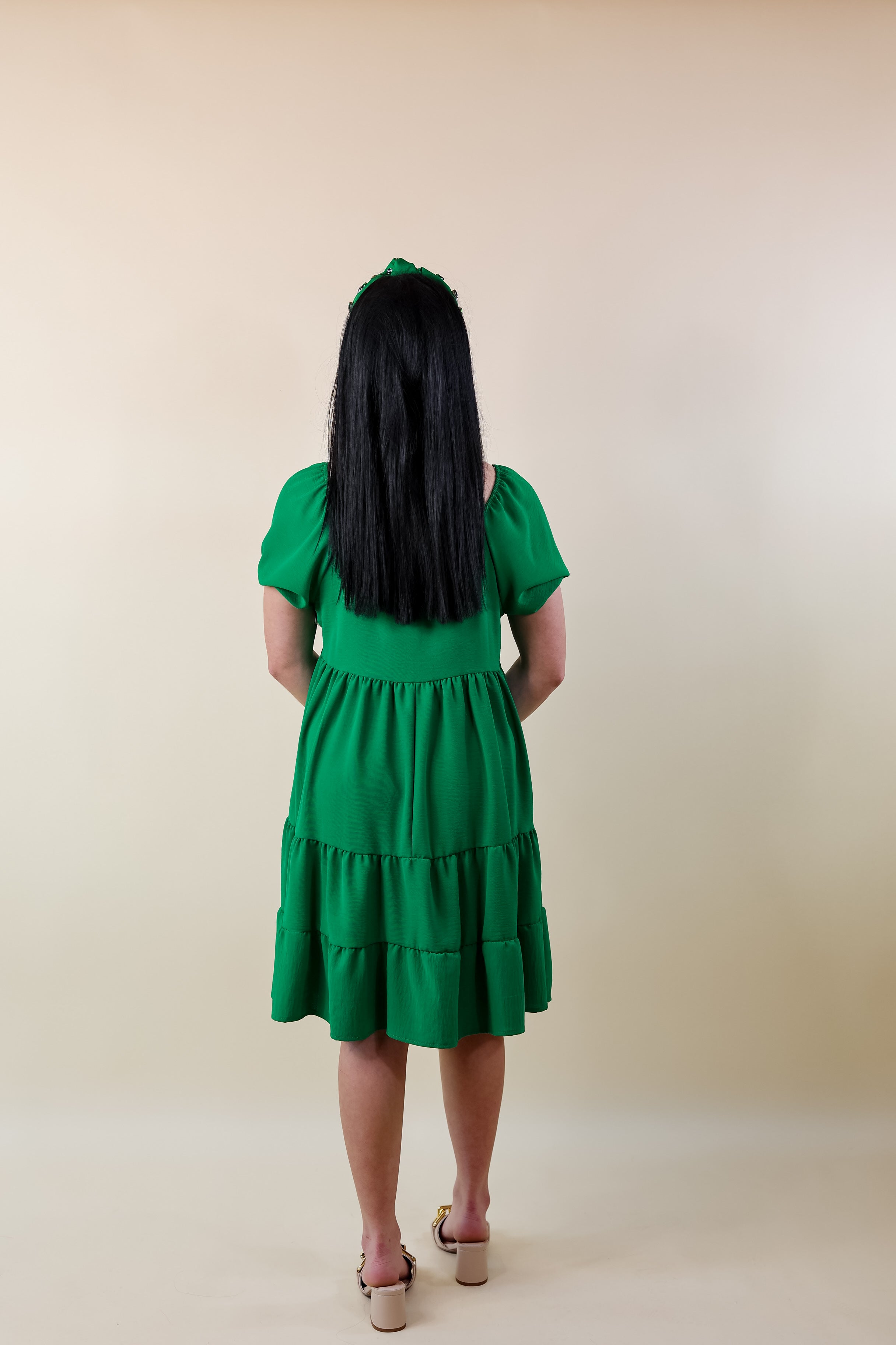Graceful Journey Short Balloon Sleeve Dress in Green - Giddy Up Glamour Boutique