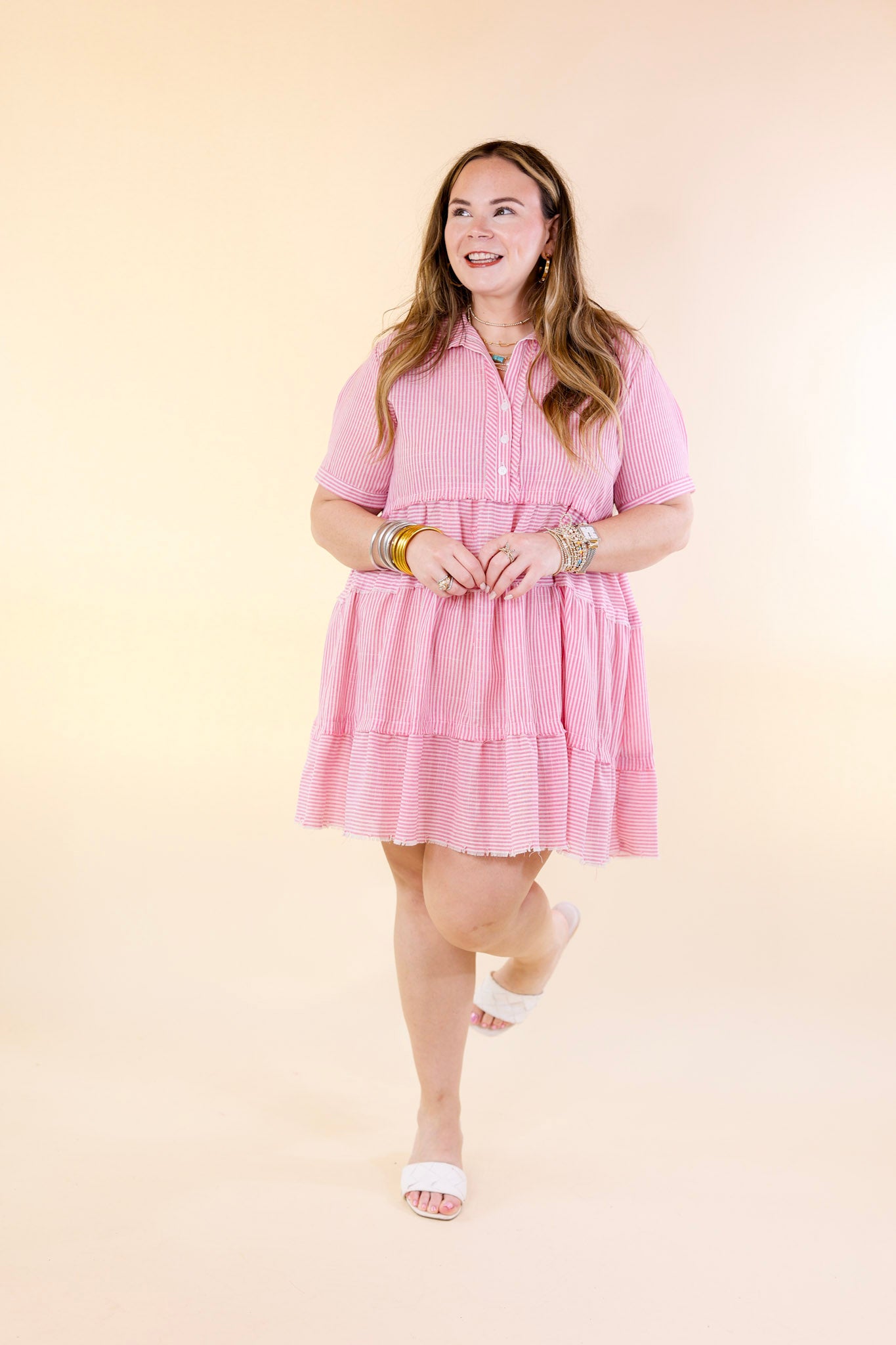 Casual Greetings Collared Pinstripe Dress in Pink and White