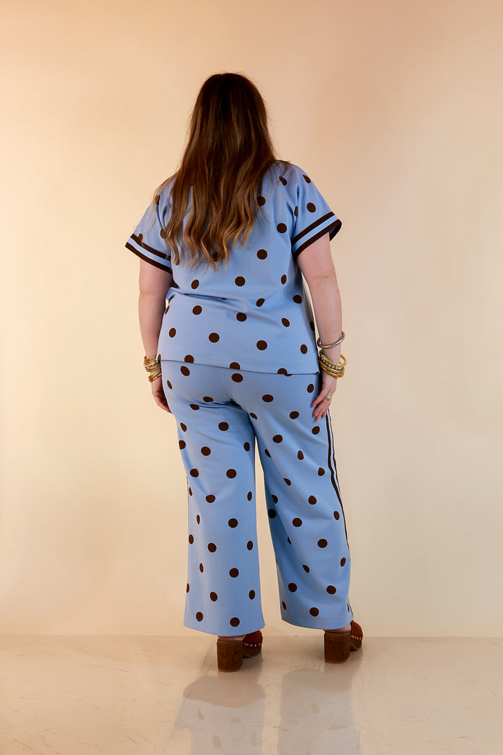Point Taken Polka Dot Contrast Trim Half Zip Pullover Top in Blue and Chocolate Brown