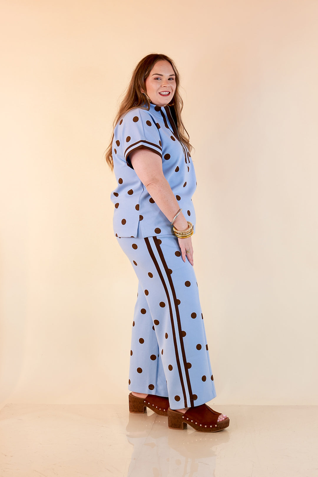 Point Taken Pull-On Wide Leg Knit Polka Dot Pants with Side Stripe Detail in Blue and Chocolate Brown