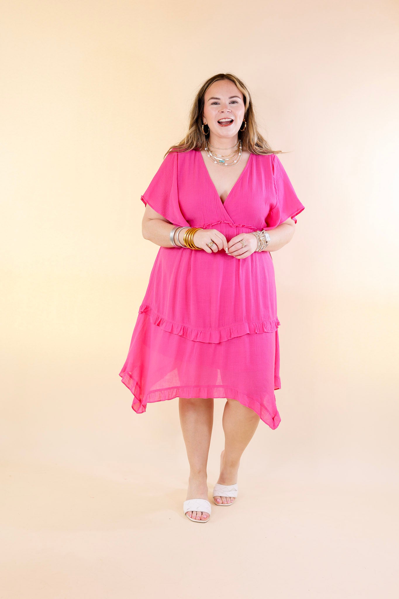 Movie Moment Ruffle Detailed V Neck Dress in Pink