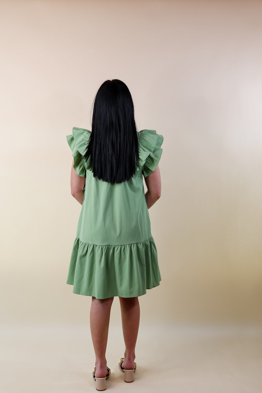 Powerful Love Ruffle Cap Sleeve Dress with Keyhole and Tie Neckline in Sage Green - Giddy Up Glamour Boutique