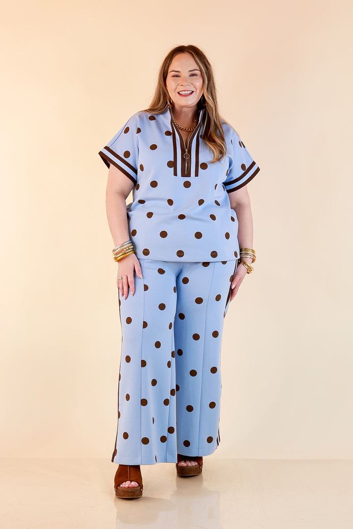 Point Taken Polka Dot Contrast Trim Half Zip Pullover Top in Blue and Chocolate Brown