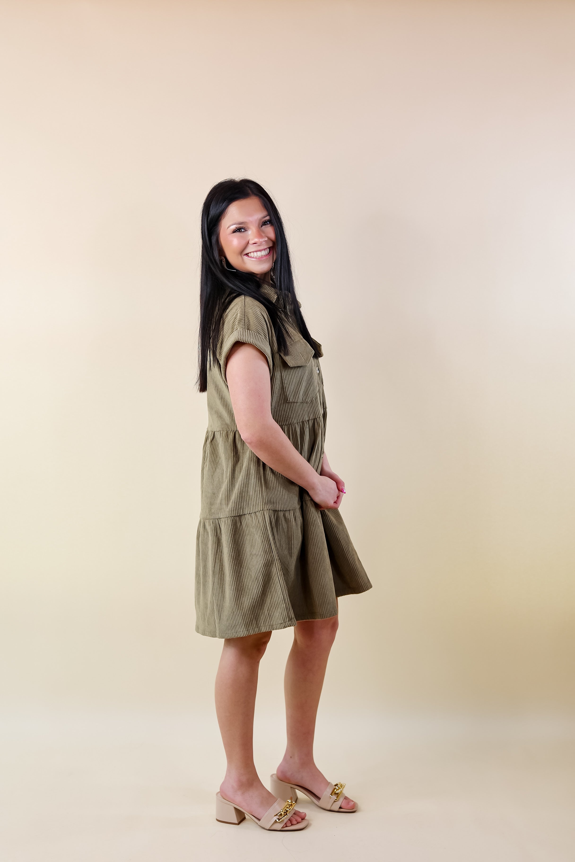 Latest Obsession Button Up Corduroy Dress in Olive Green - Giddy Up Glamour Boutique