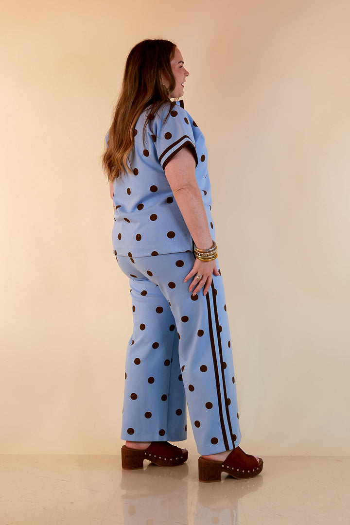 Point Taken Polka Dot Contrast Trim Half Zip Pullover Top in Blue and Chocolate Brown