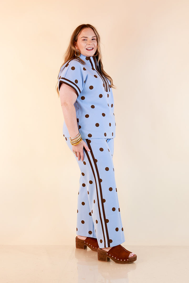 Point Taken Pull-On Wide Leg Knit Polka Dot Pants with Side Stripe Detail in Blue and Chocolate Brown