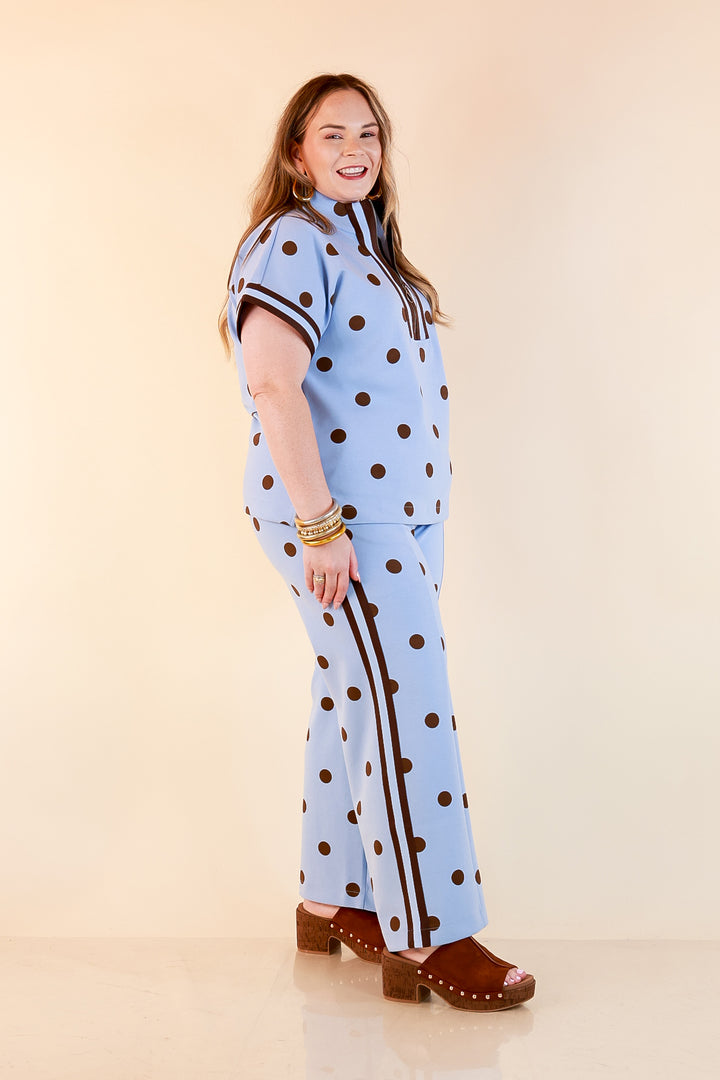 Point Taken Pull-On Wide Leg Knit Polka Dot Pants with Side Stripe Detail in Blue and Chocolate Brown