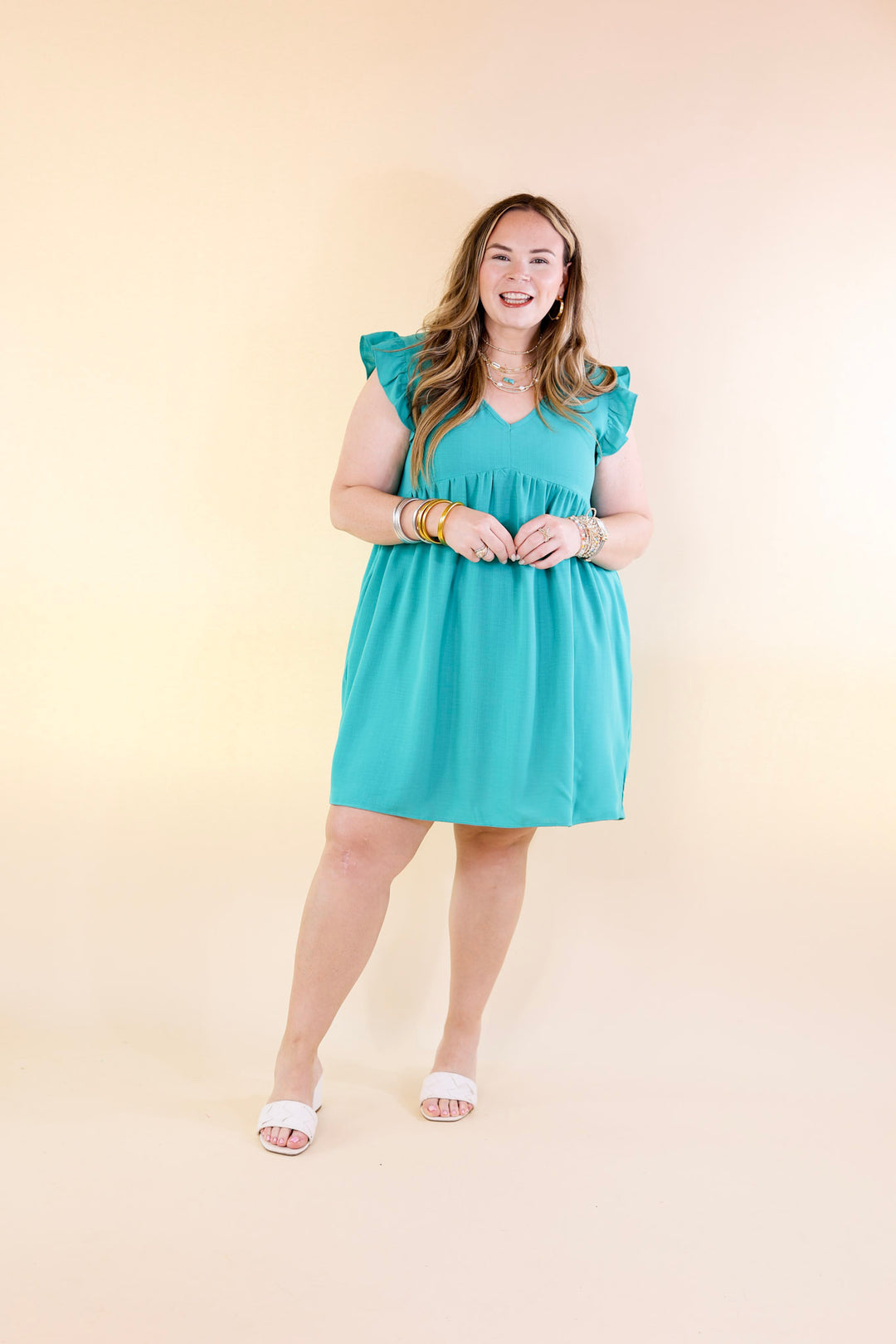 Capture Your Attention V Neck Dress with Ruffle Cap Sleeves in Turquoise