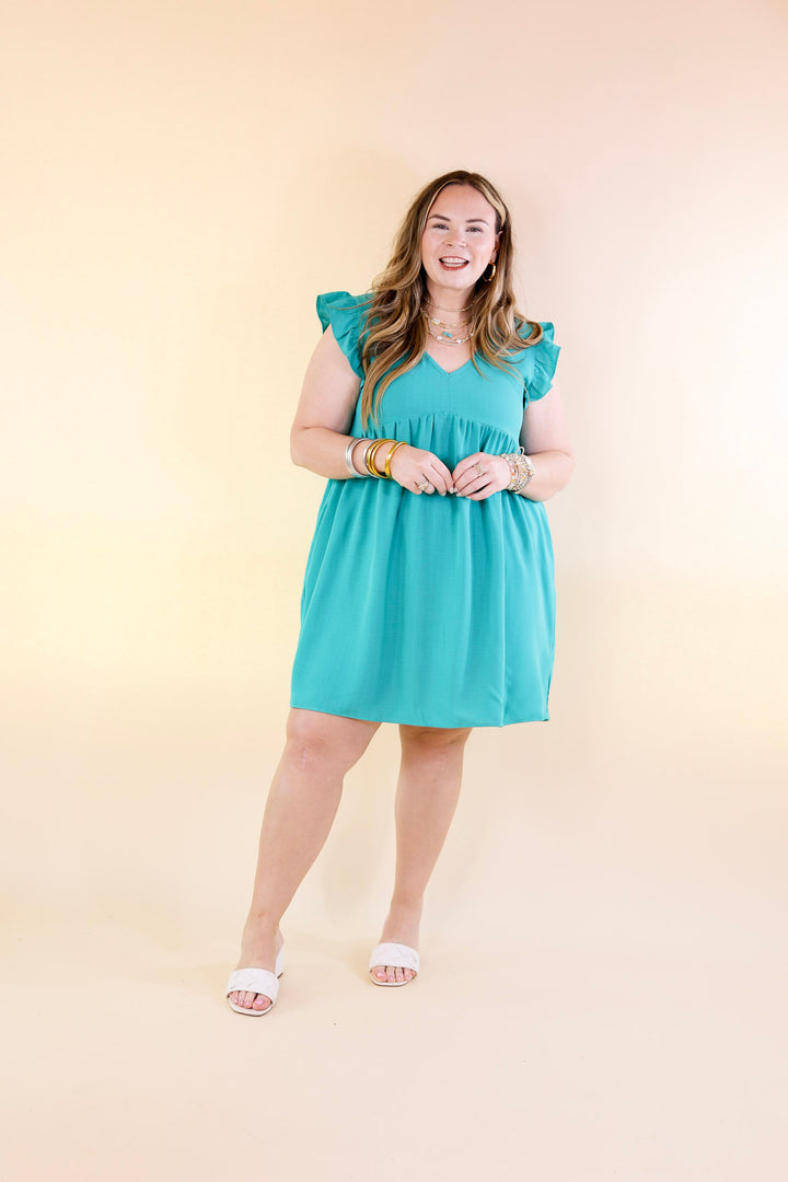 Capture Your Attention V Neck Dress with Ruffle Cap Sleeves in Turquoise