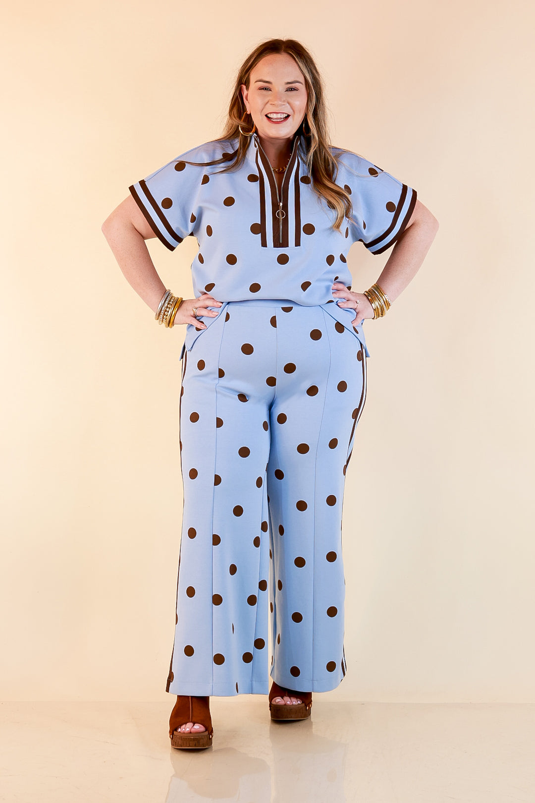 Point Taken Pull-On Wide Leg Knit Polka Dot Pants with Side Stripe Detail in Blue and Chocolate Brown