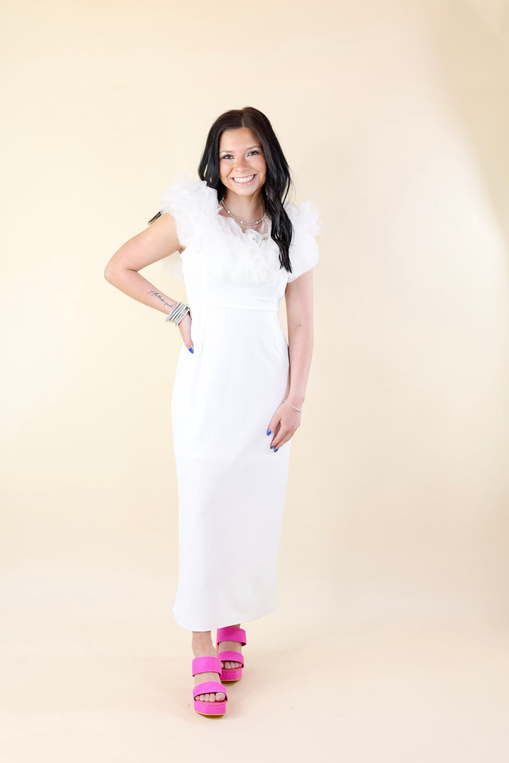 Radiating Confidence Off the Shoulder Tulle Dress in White - Giddy Up Glamour Boutique