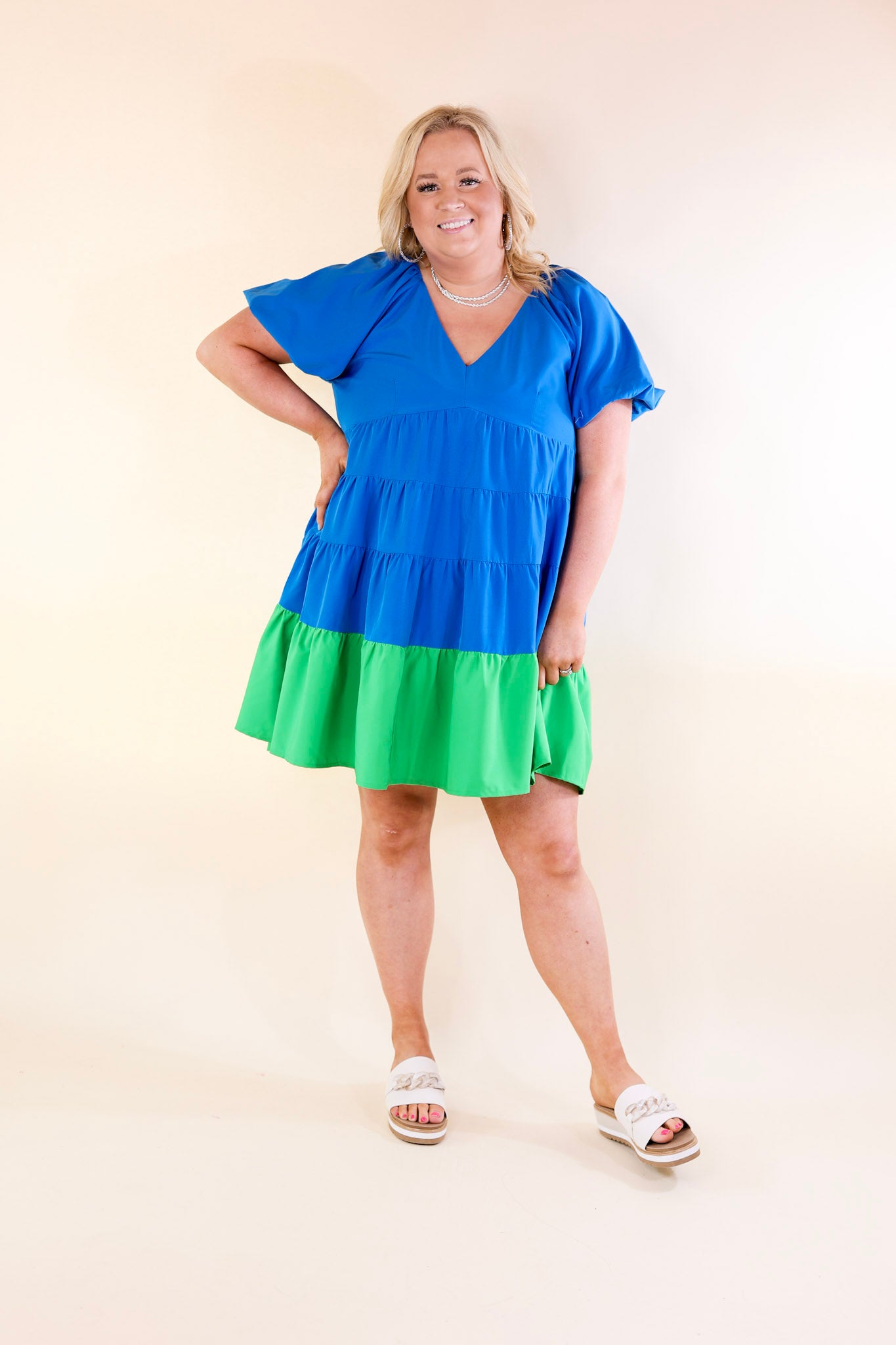 Trendy City Puff Sleeve Tiered Dress with Green Hemline in Blue
