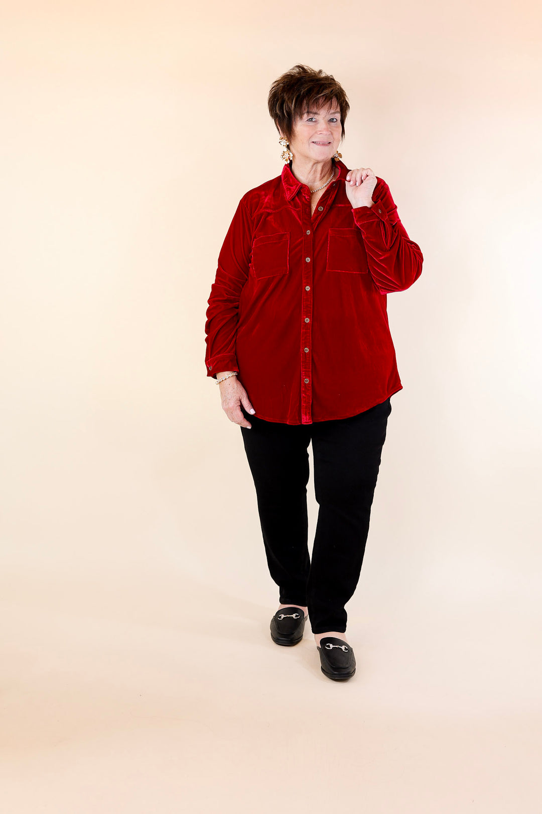 Candy Apple Evening Button Up Velvet Long Sleeve Blouse in Red