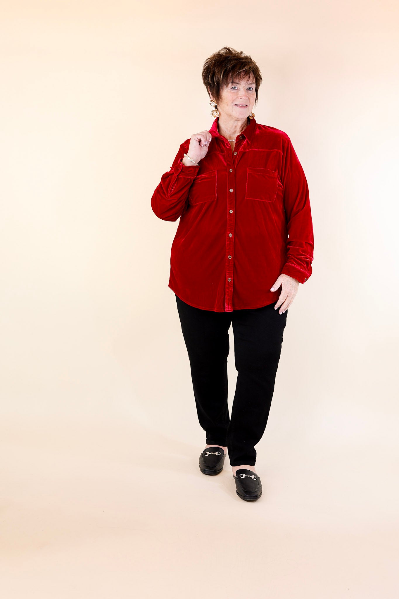 Candy Apple Evening Button Up Velvet Long Sleeve Blouse in Red