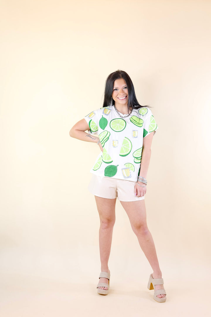 Queen Of Sparkles | Citrus Celebration Lime and Tequila Shot Top in White - Giddy Up Glamour Boutique