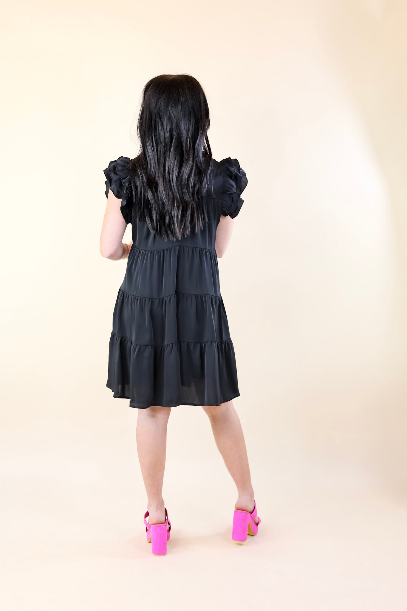 Chic On Scene Ruffle Tiered Dress with Pleated Detailing in Black - Giddy Up Glamour Boutique