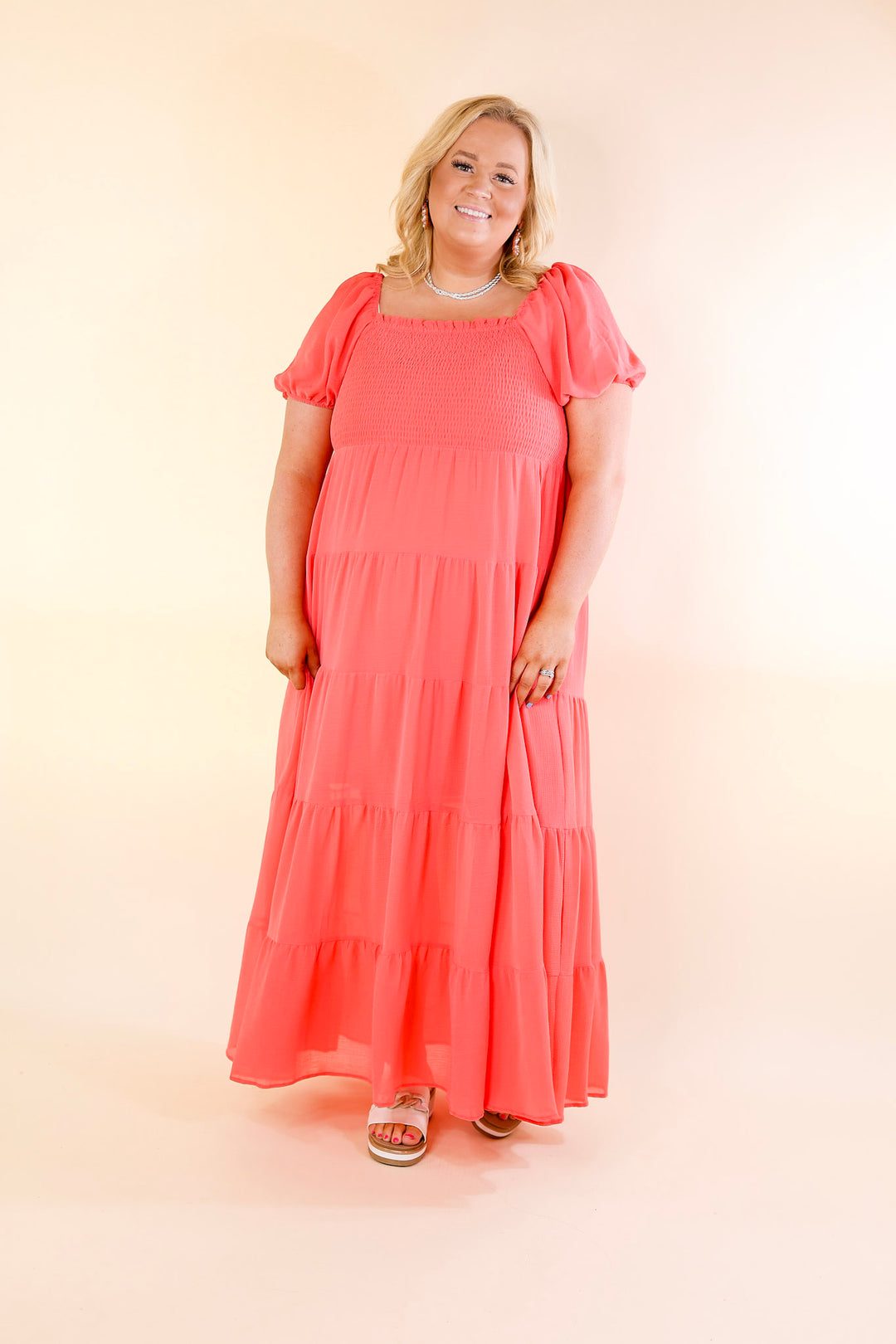 Honeysuckle Love Tiered Maxi Dress with Smocked Bodice in Coral Red