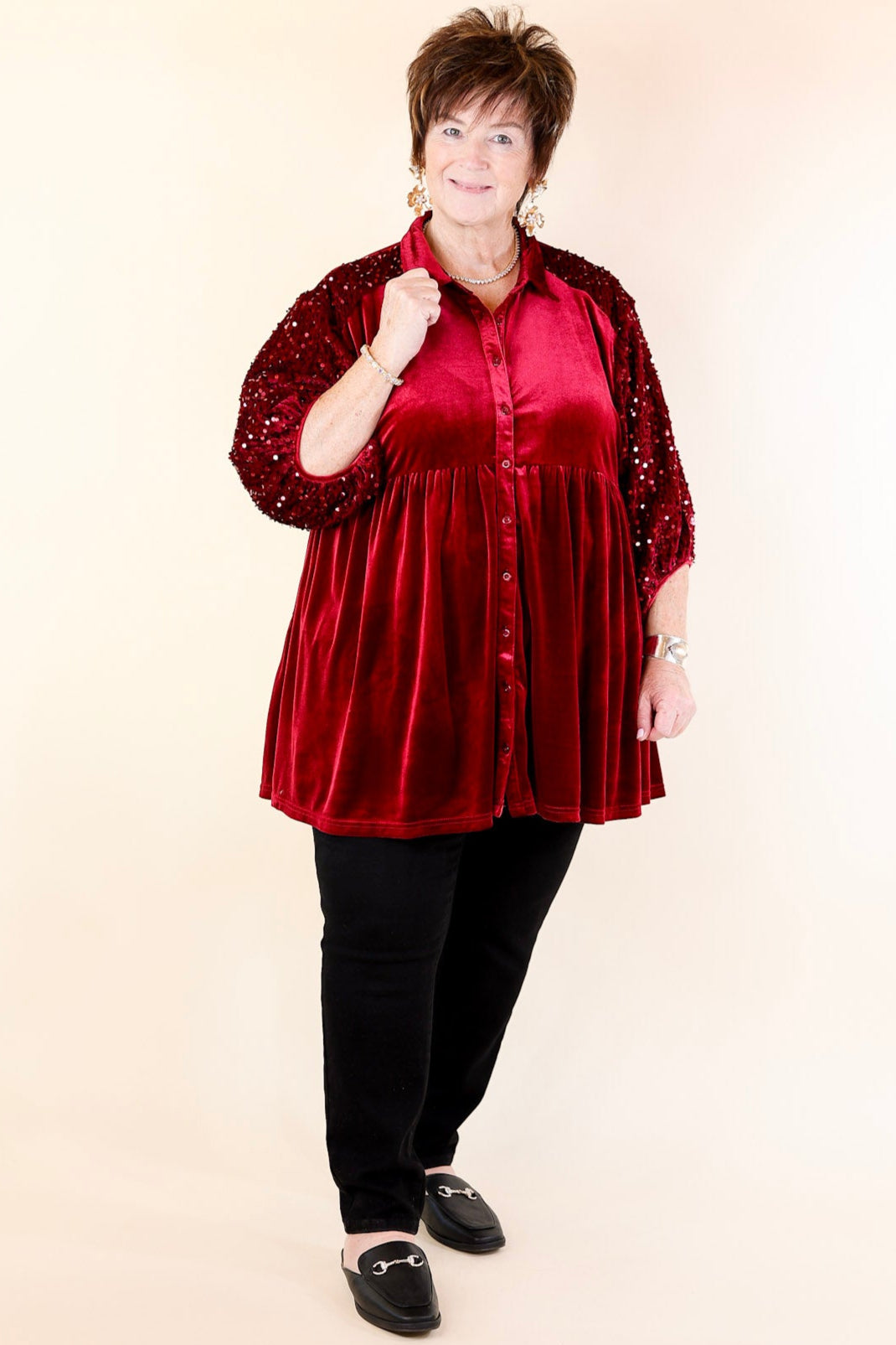 Love Link Button Up Velvet and Sequin Half Sleeve Babydoll Tunic Top in Wine Red