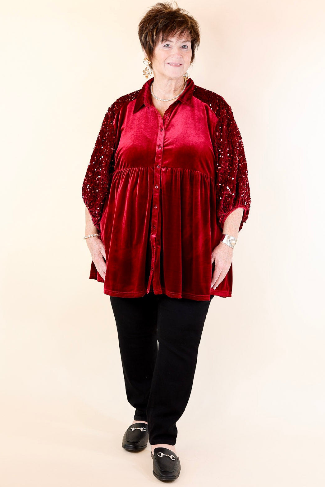 Love Link Button Up Velvet and Sequin Half Sleeve Babydoll Tunic Top in Wine Red
