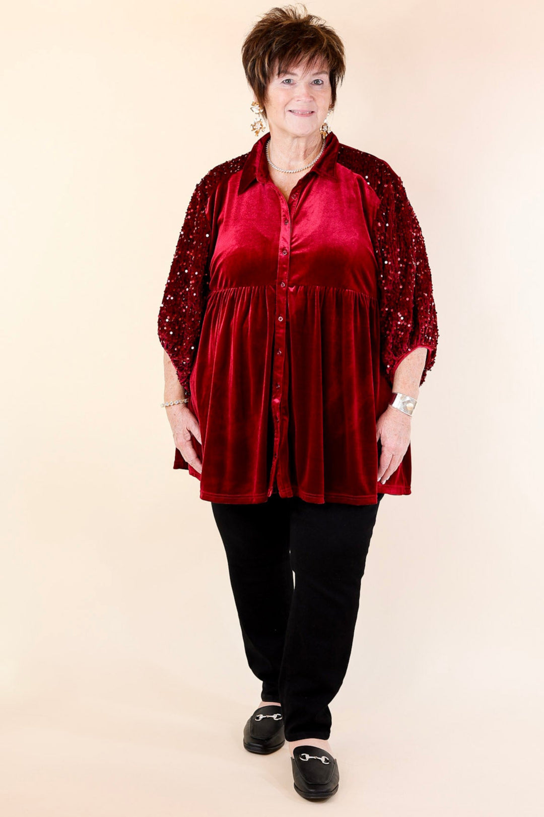 Love Link Button Up Velvet and Sequin Half Sleeve Babydoll Tunic Top in Wine Red