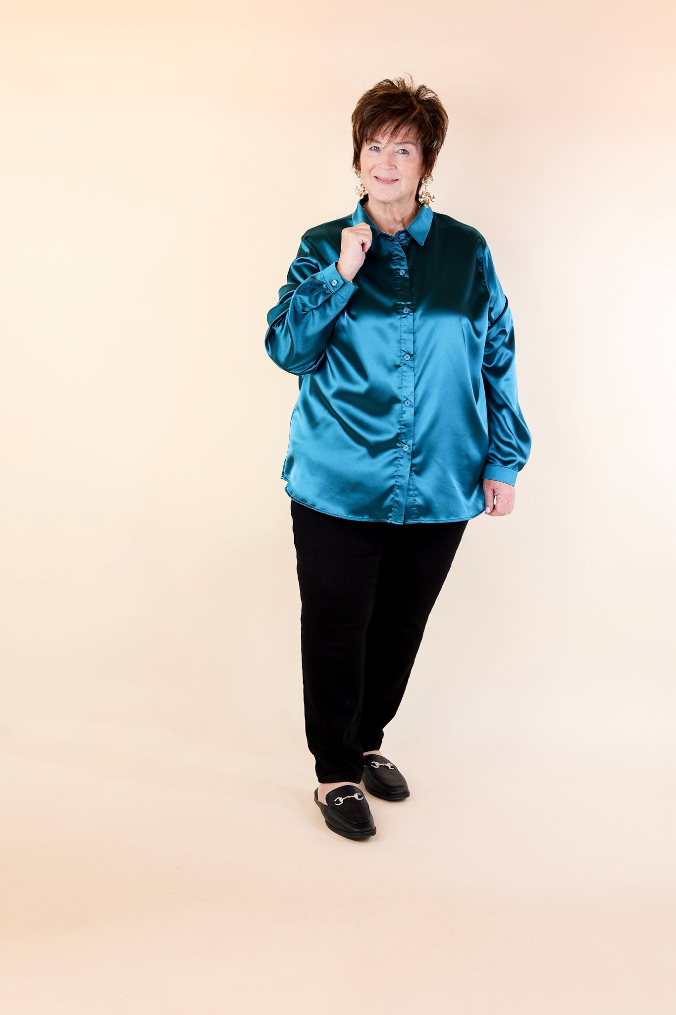 Down To Disco Satin Long Sleeve Button Up Top in Teal Blue