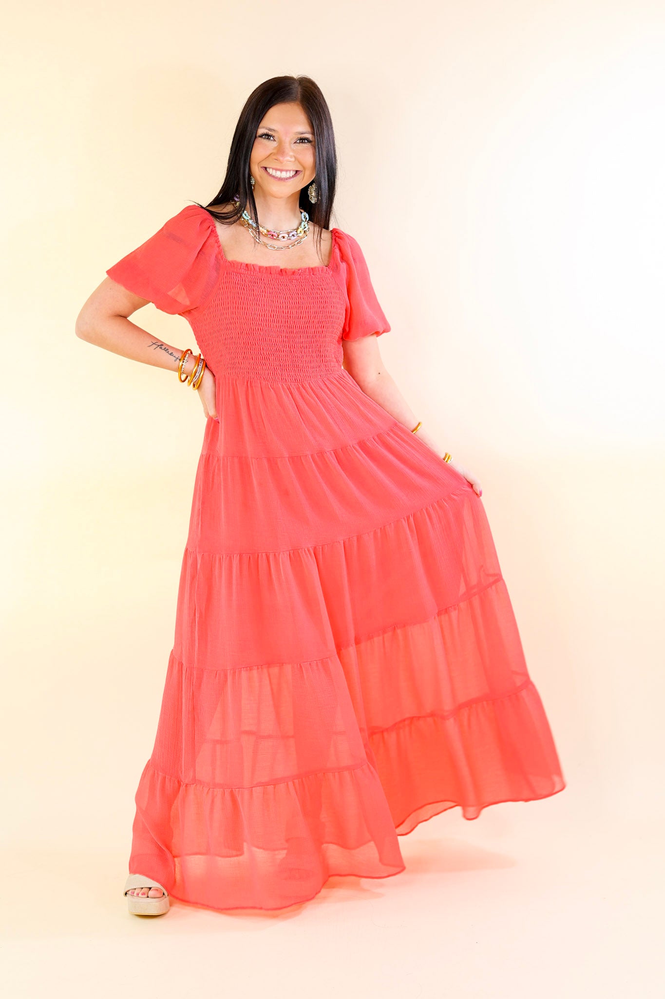 Honeysuckle Love Tiered Maxi Dress with Smocked Bodice in Coral Red