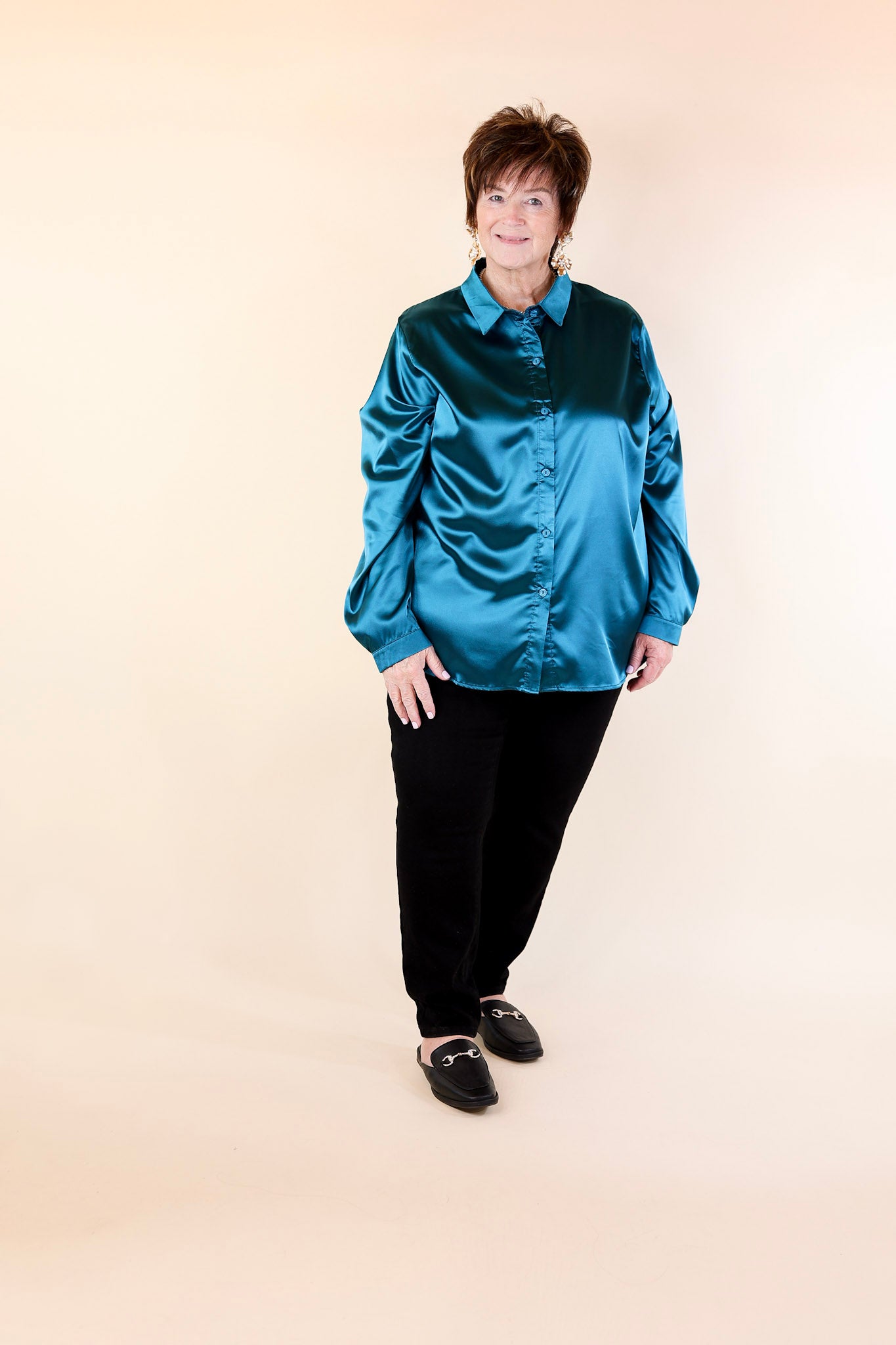 Down To Disco Satin Long Sleeve Button Up Top in Teal Blue