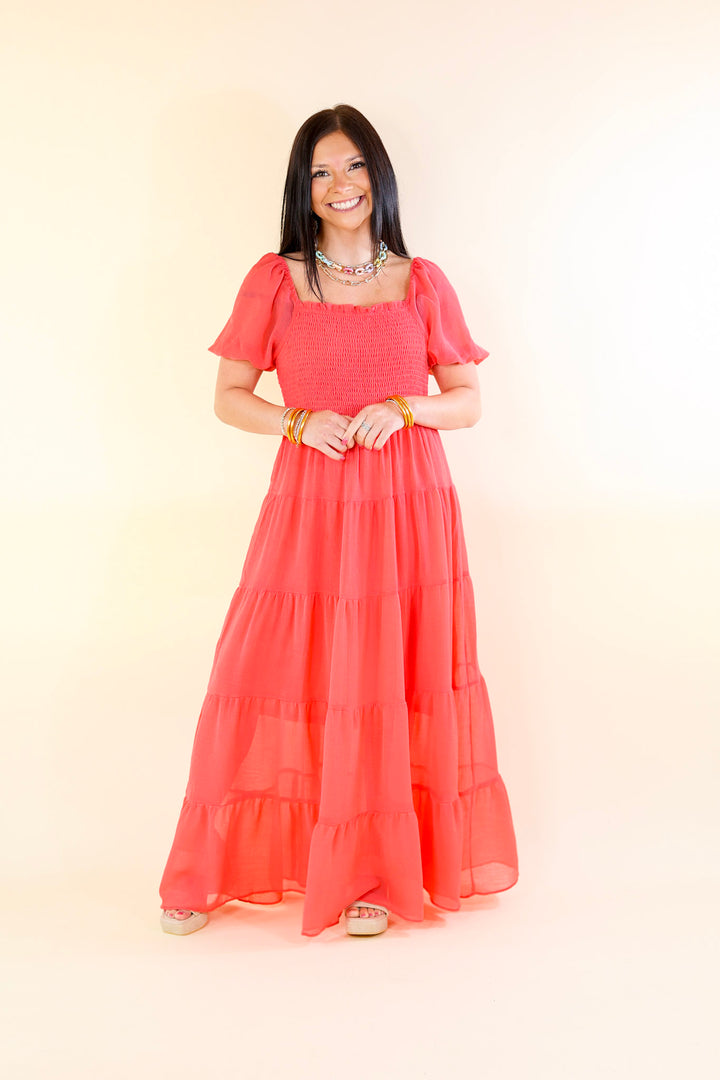 Honeysuckle Love Tiered Maxi Dress with Smocked Bodice in Coral Red