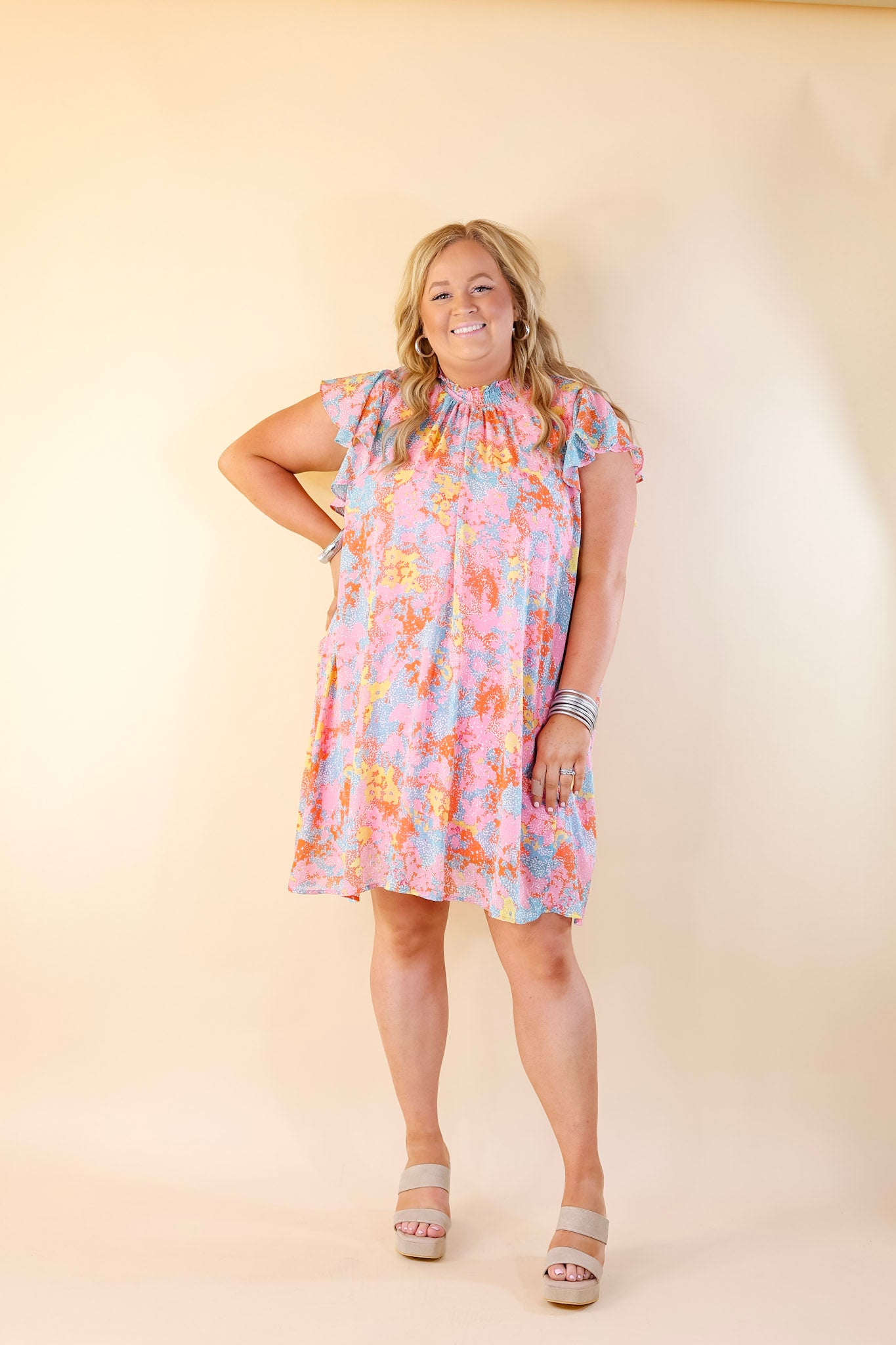Out On The Town Ruffle Sleeve Floral Dress in Light Pink - Giddy Up Glamour Boutique