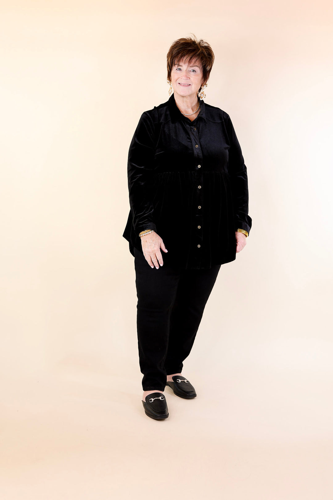 Call Me Yours Button Up Velvet Long Sleeve Babydoll Tunic Top in Black