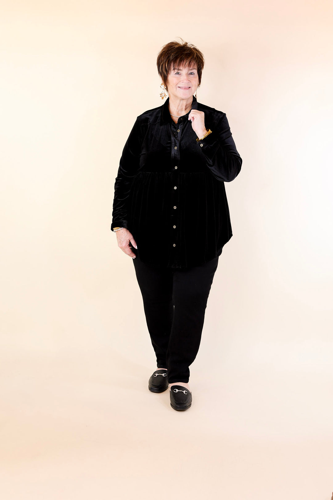 Call Me Yours Button Up Velvet Long Sleeve Babydoll Tunic Top in Black