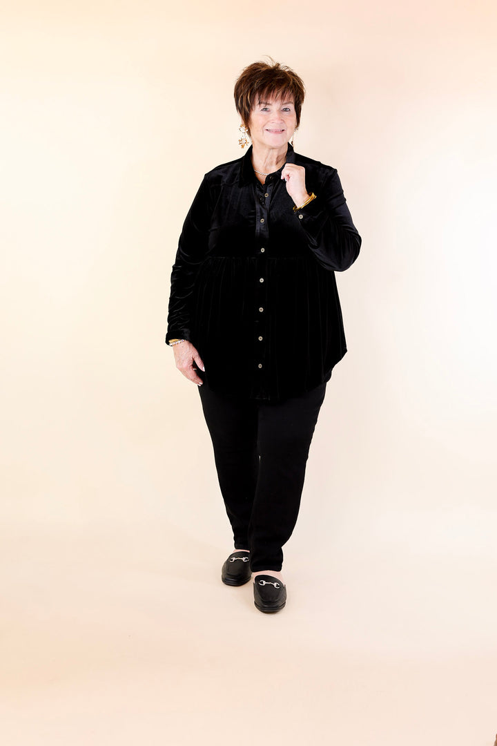Call Me Yours Button Up Velvet Long Sleeve Babydoll Tunic Top in Black