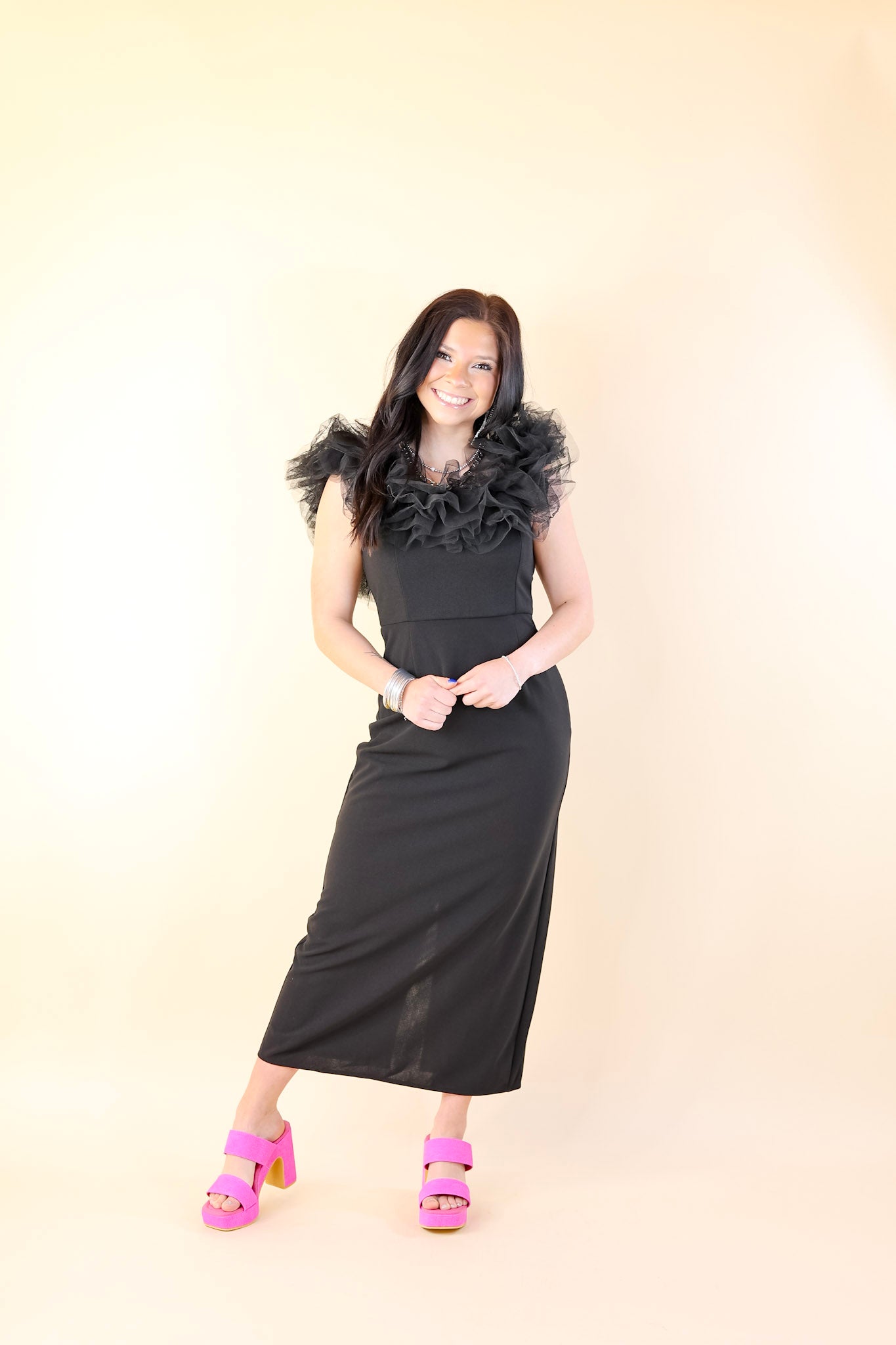 Radiating Confidence Off the Shoulder Tulle Dress in Black - Giddy Up Glamour Boutique