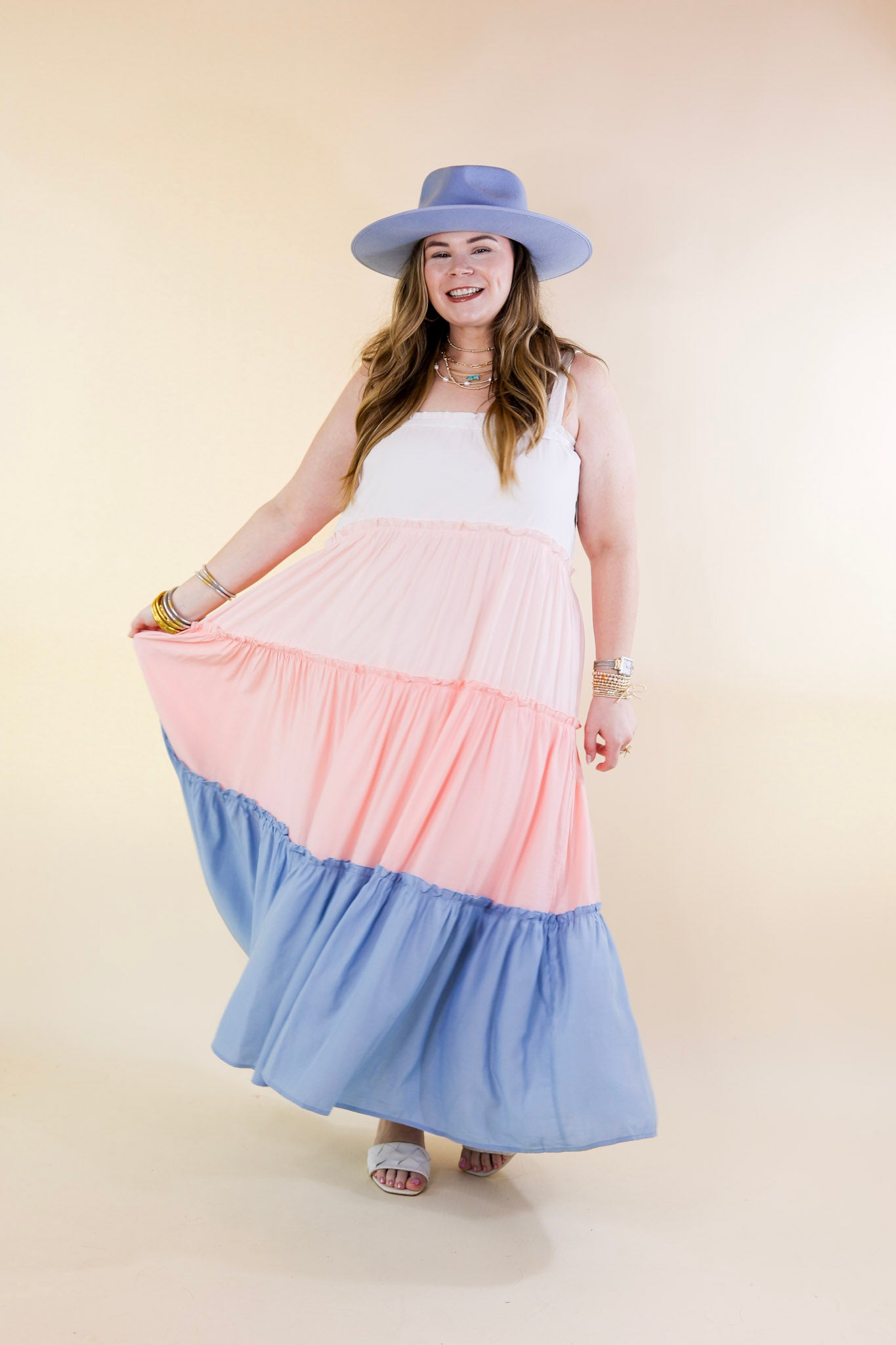 Weekend in Capri Tiered Maxi Dress with Adjustable Tie Straps in Baby Blue Mix