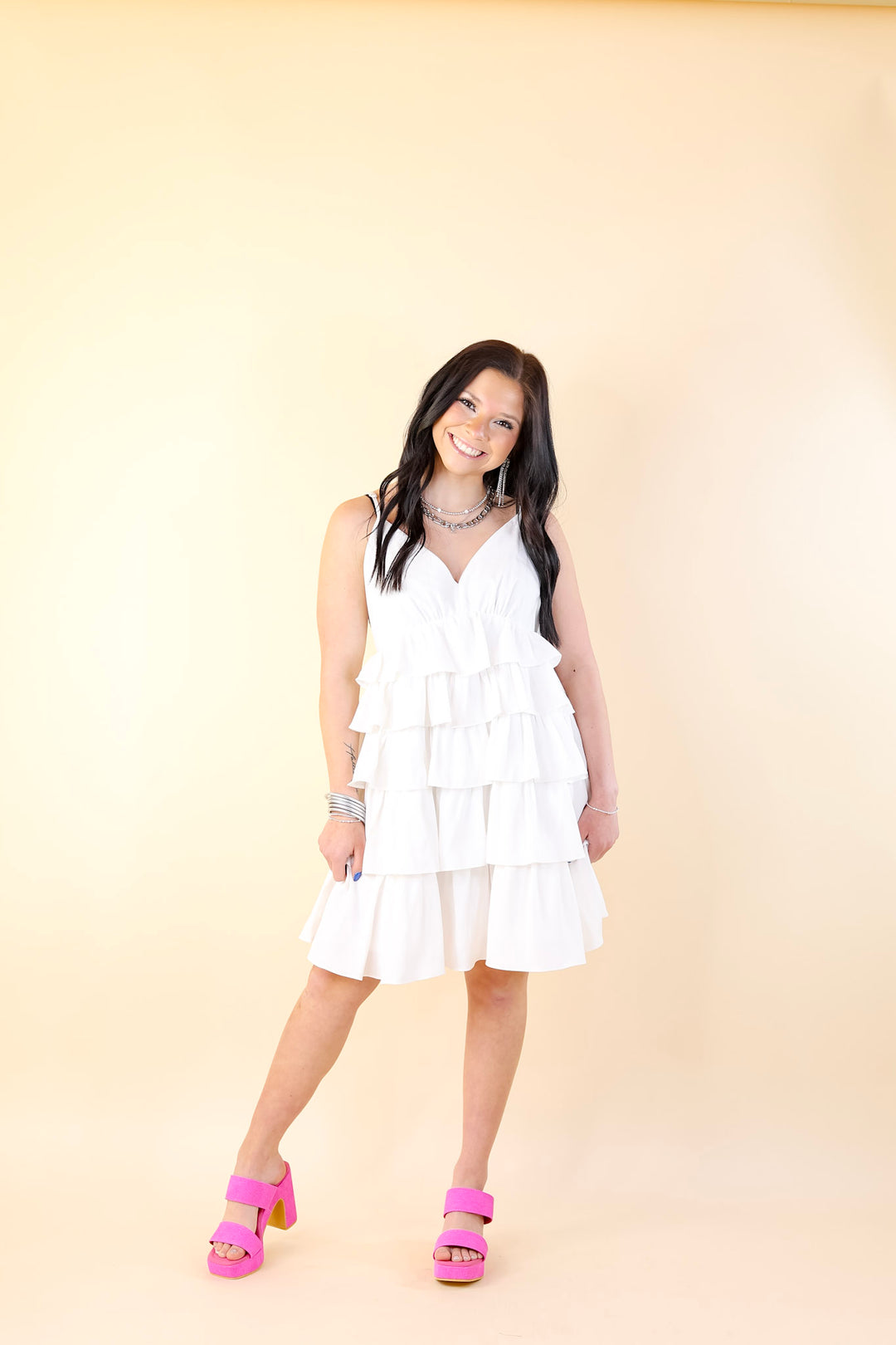 Dare to Dance Ruffled Spaghetti Strap Dress in White - Giddy Up Glamour Boutique