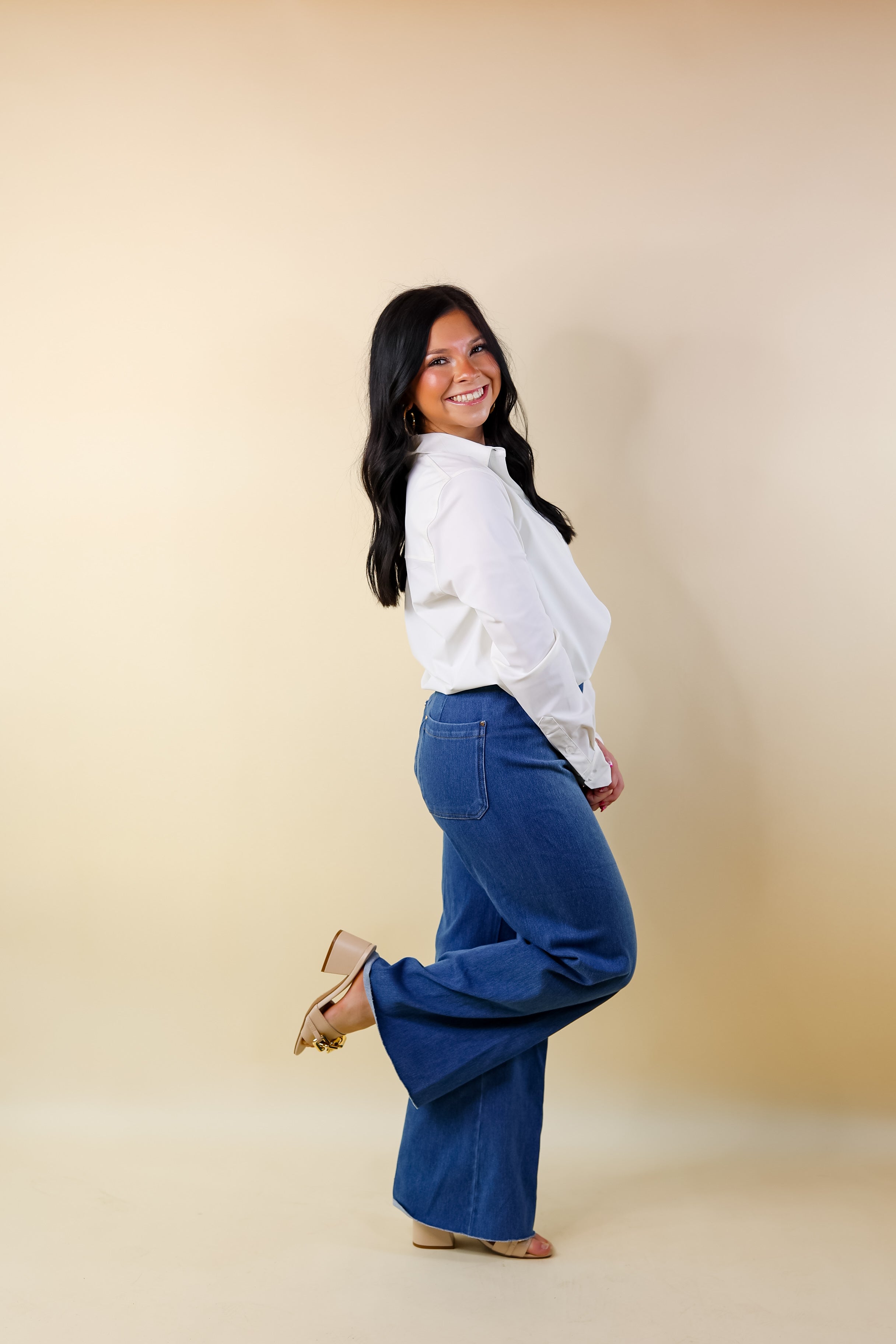 Lyssé | Erin Wide Leg Denim Trousers in Mid Wash - Giddy Up Glamour Boutique