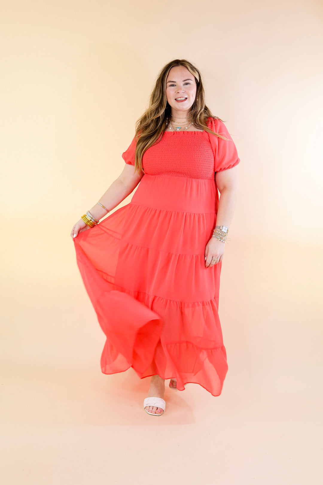 Honeysuckle Love Tiered Maxi Dress with Smocked Bodice in Coral Red
