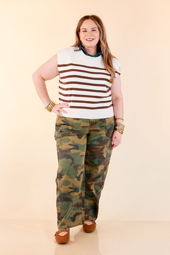 Stripe Things Up Drop Shoulder Knit Sweater in White with Chocolate Brown Stripes