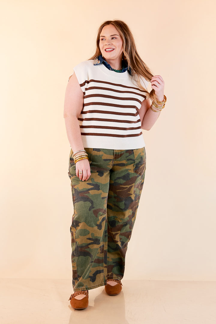 Stripe Things Up Drop Shoulder Knit Sweater in White with Chocolate Brown Stripes