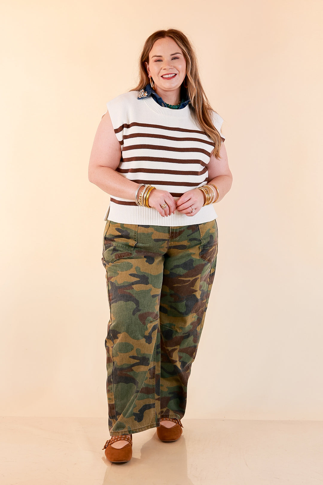 Stripe Things Up Drop Shoulder Knit Sweater in White with Chocolate Brown Stripes