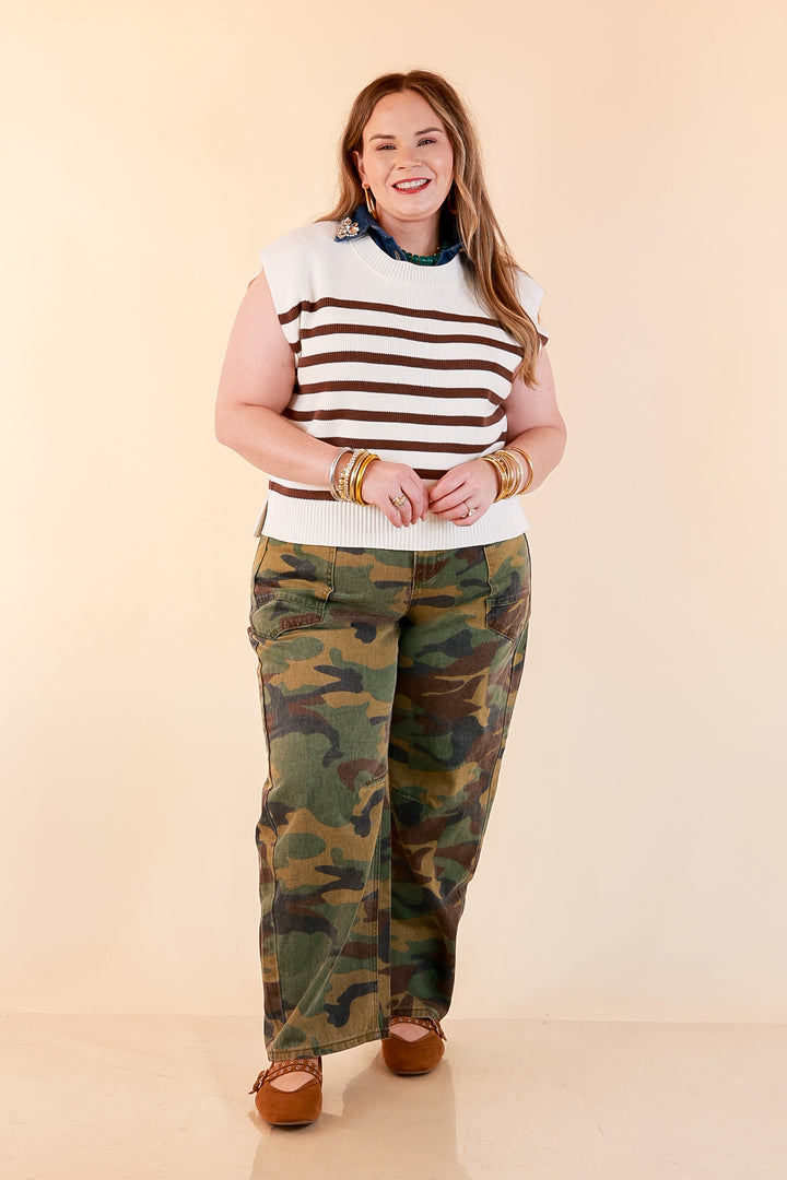 Stripe Things Up Drop Shoulder Knit Sweater in White with Chocolate Brown Stripes