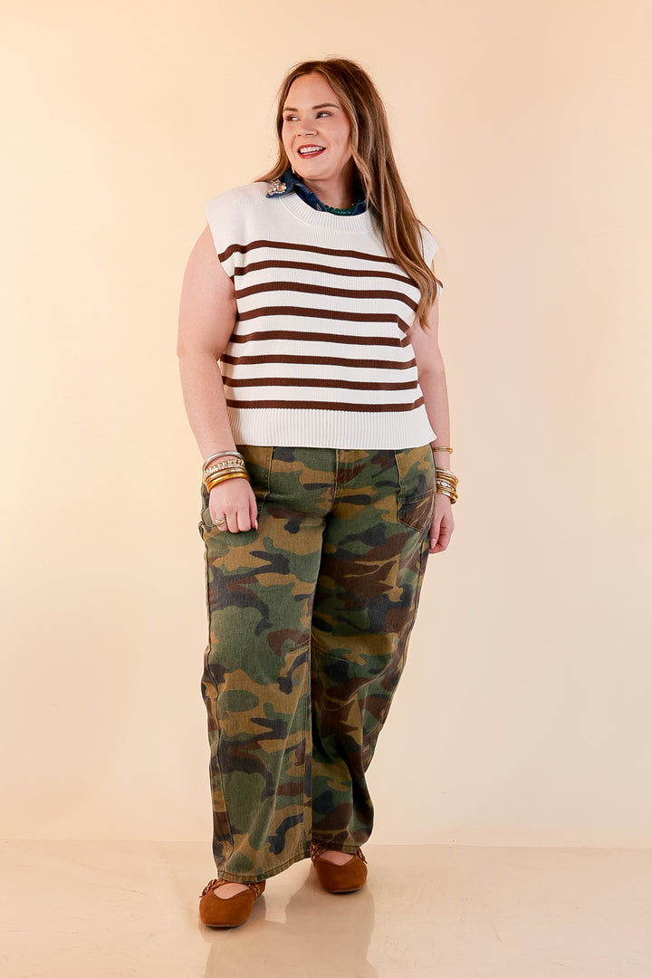Stripe Things Up Drop Shoulder Knit Sweater in White with Chocolate Brown Stripes