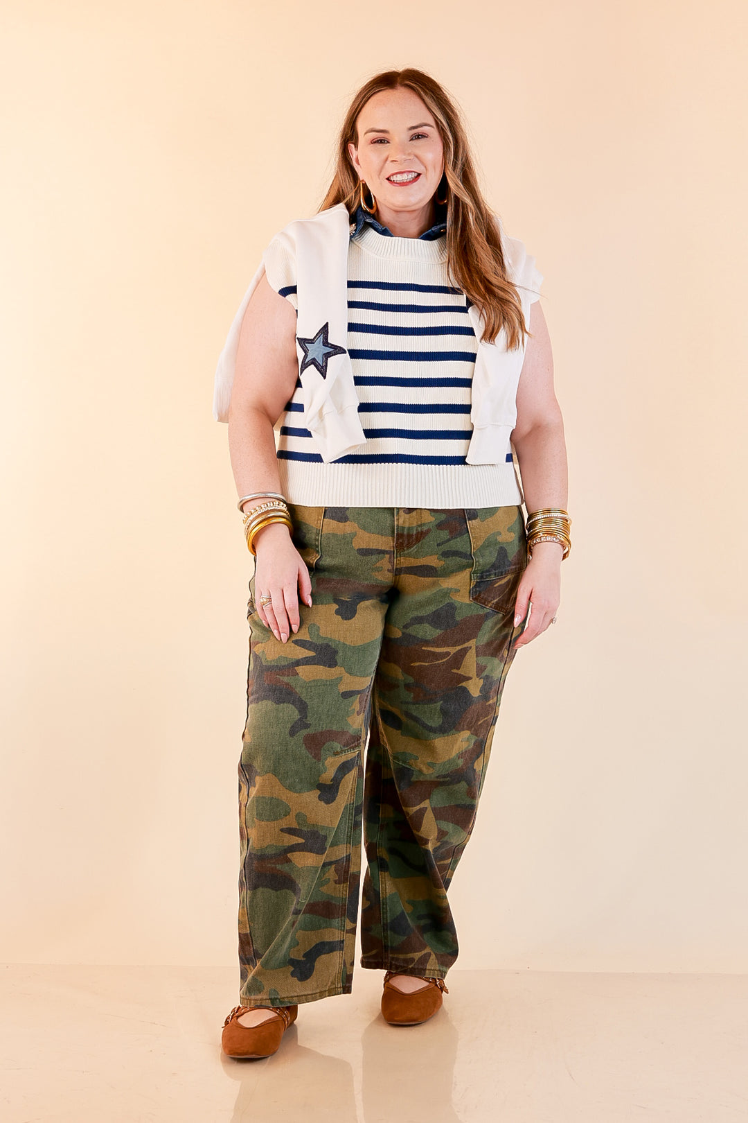 Stripe Things Up Drop Shoulder Knit Sweater in White with Navy Blue Stripes