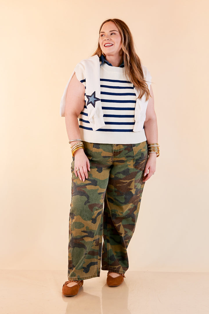 Stripe Things Up Drop Shoulder Knit Sweater in White with Navy Blue Stripes