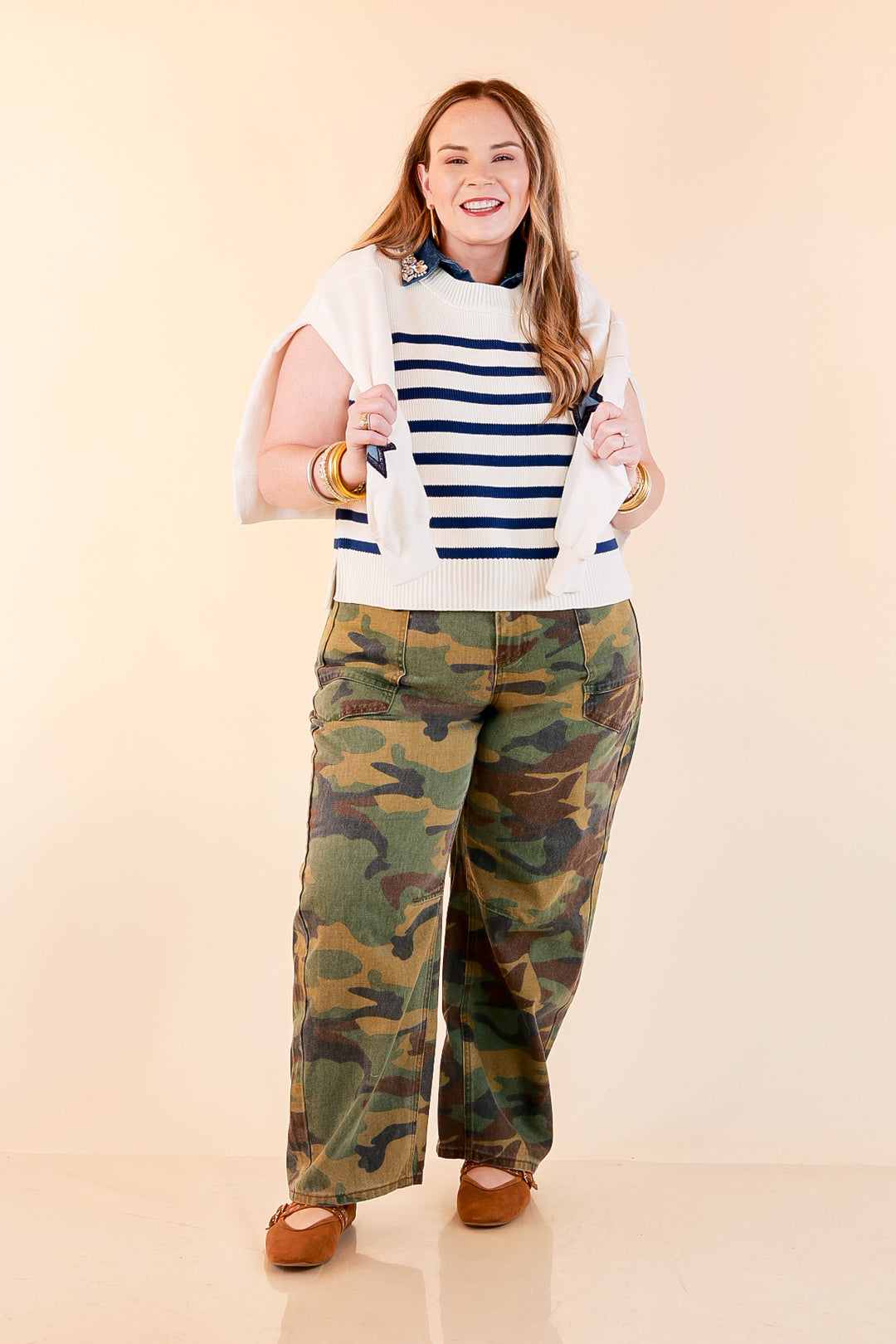 Stripe Things Up Drop Shoulder Knit Sweater in White with Navy Blue Stripes