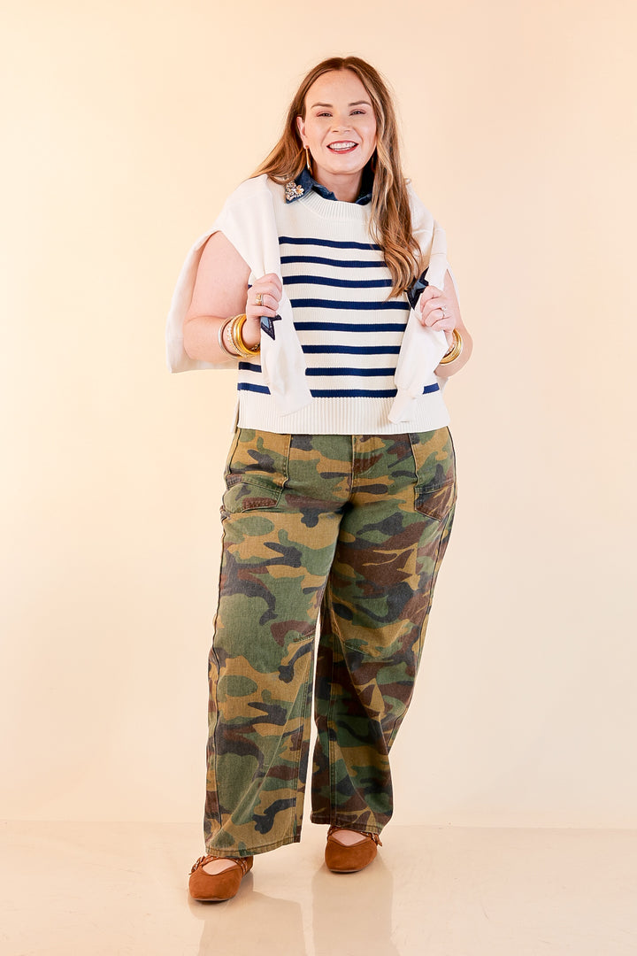 Stripe Things Up Drop Shoulder Knit Sweater in White with Navy Blue Stripes