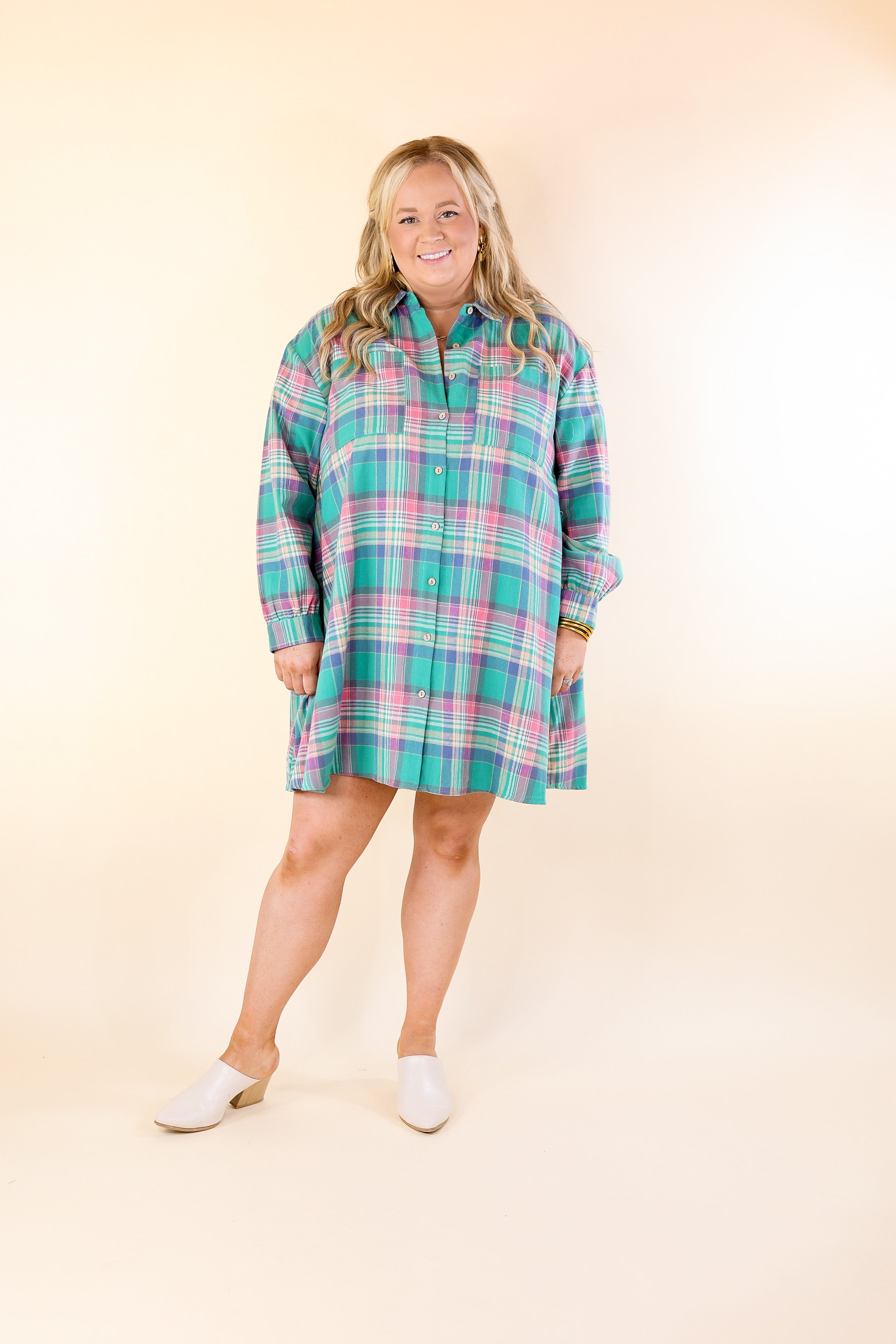 Vibrant Lifestyle Plaid Button Up Dress in Teal and Pink